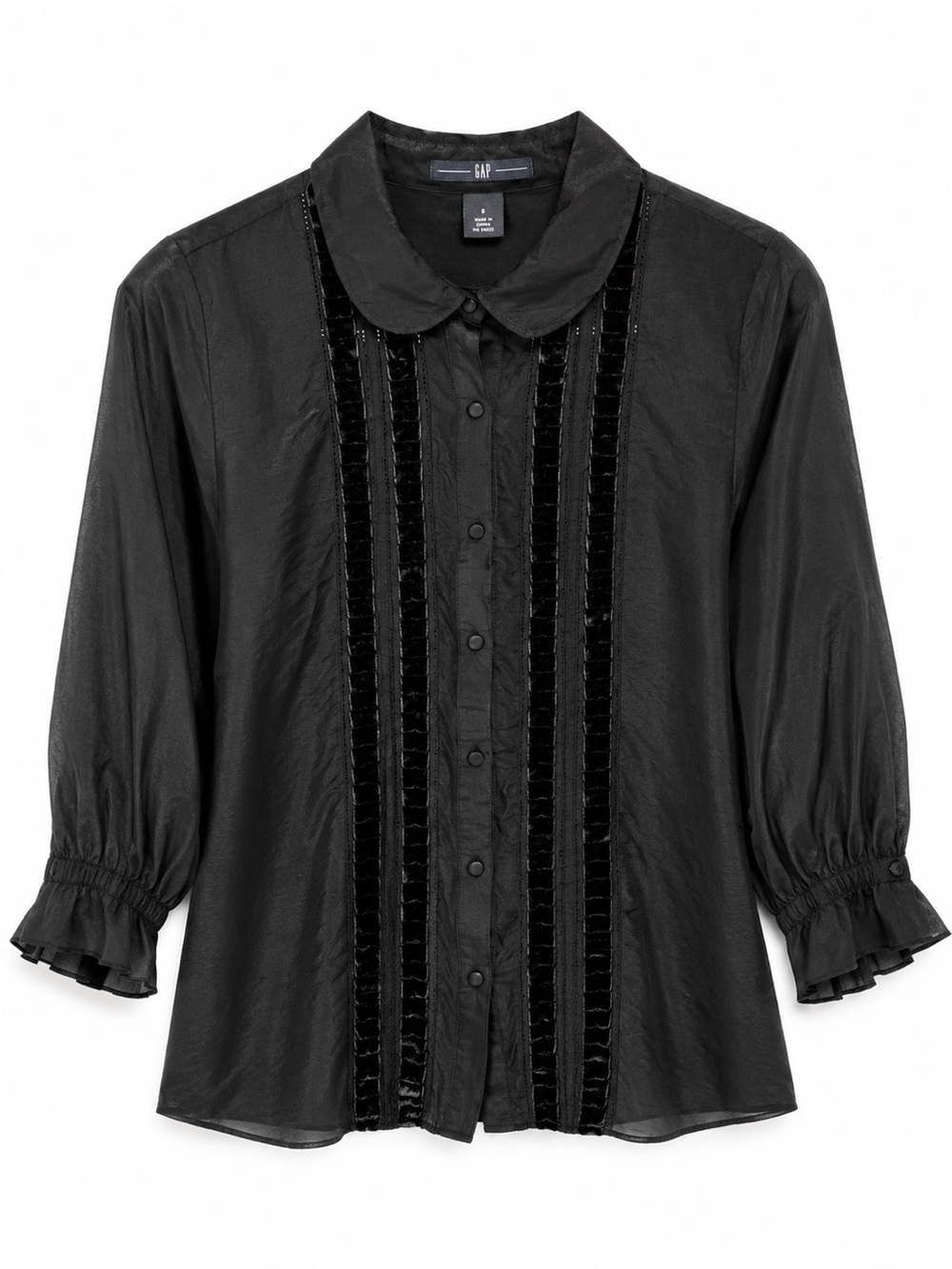 Vintage 90s Y2K GAP Black Cotton Silk Button-Down Shirt Velvet Trim
